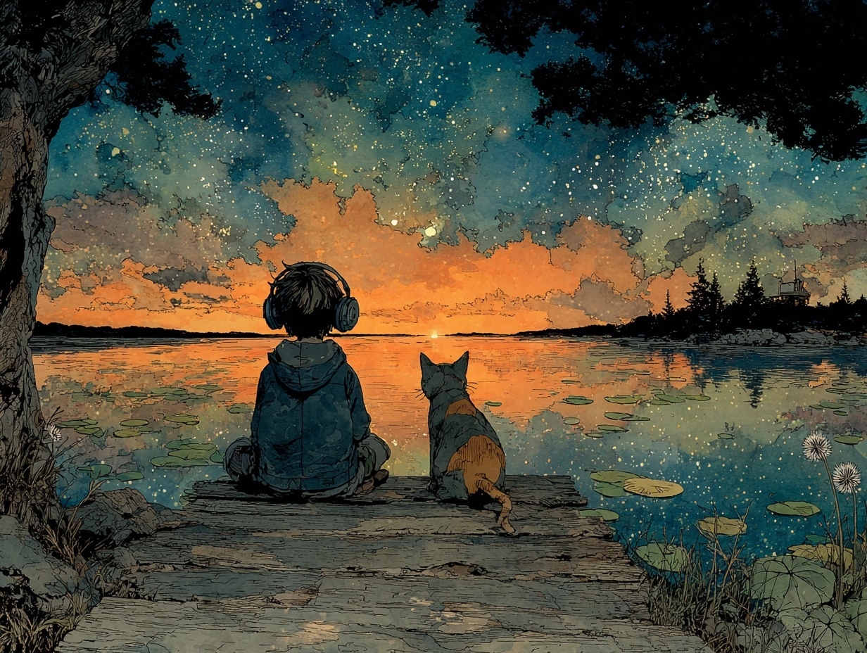 Peaceful dock at sunset with figure and cat watching stars emerge